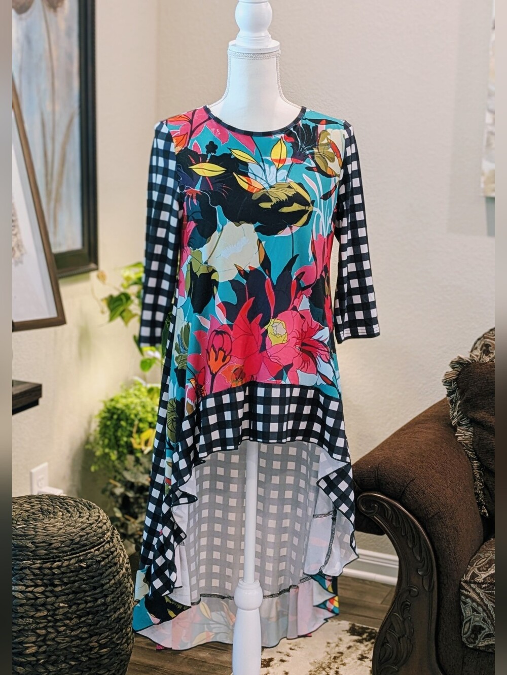 Women’s Floral & Gingham Hi-Low Tunic Top – Multicolor
